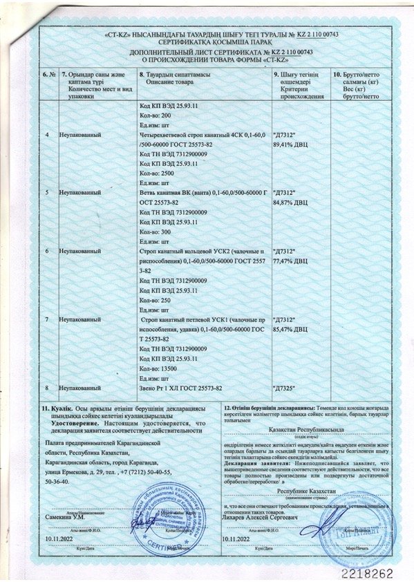 Сертификат о происхождении товара СТ-KZ на канатные стропы